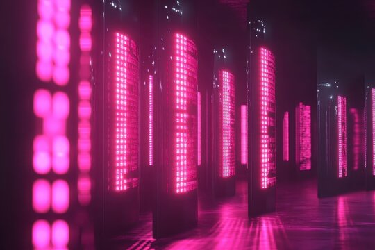 Bright pink LED seven segment display showcasing digital binary code in a modern design environment, Digital binary computer code LED seven segment display 3D render