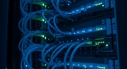 Close-up of server racks with cables and blinking lights, showcasing data center infrastructure.