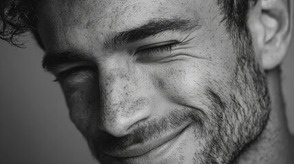 Black and white portrait of a 35 year old man winking with confident expression, close-up face shot capturing emotion and personality in monochrome style.