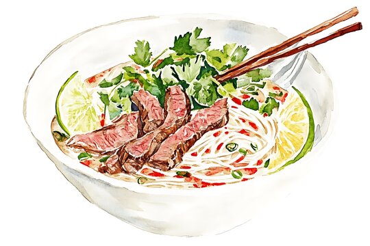 Watercolor painting of delicious beef pho with fresh garnishes and chopsticks