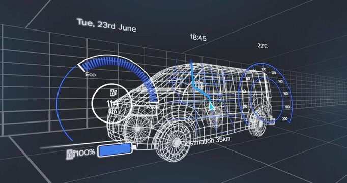 At 18:45 wireframe SUV HUD showing battery gauge rising then falling illustrating power cycle