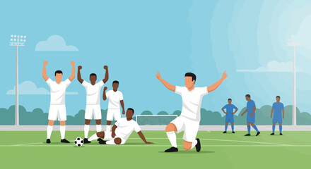 Soccer Team Celebrates Goal on the Field - Vector Illustration © Jonmart