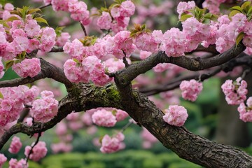 Fototapeta premium Twisted cherry tree branch adorned with blooming pink flowers in a serene Japanese garden during spring, Japanese garden in spring Twisted cherry tree branches and blossoming flowers