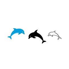Fototapeta premium Three stylized dolphins blue black outline on white background marine mammal
