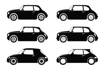 Black Car Silhouettes: A collection of stylish black car silhouettes, showcasing various design styles and profiles of compact, classic automobiles. 