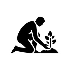 Planting person icon, black silhouette, squatting pose, hand on soil, minimal clipart