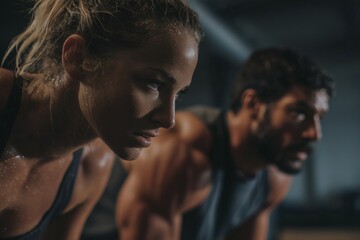 Intense focus during workout. Determined man and woman, sweat-drenched faces reflecting hard work and dedication to fitness goals.