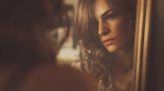 A transgender person looking confidently in the mirror.	A transgender person looks at their reflection in the mirror with a look of confidence, peace, and self-acceptance.

