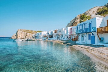 Fototapeta premium Picturesque Pollonia village in Milos island Greece showcasing charming waterfront homes and clear blue waters, Milos island Greece Pollonia village