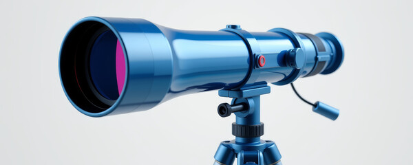 Fototapeta premium Blue telescope on tripod with lens cap hanging, closeup of optical instrument for astronomy and observation