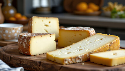 Soft artisan cheese with natural rind on wooden board, cozy kitchen background with warm light and cup
