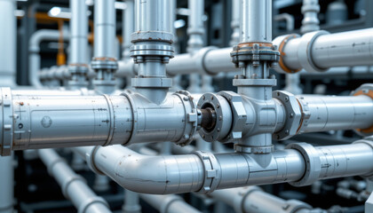 Futuristic industrial pipe system with metal joints and connectors, showing detailed closeup of complex plumbing network in factory setting