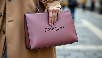 Woman holding stylish mauve leather handbag with beige coat on city street, showcasing elegant fashion and modern accessory design