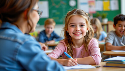 Happy elementary school girl smiling while writing with pen in classroom with teacher and classmates