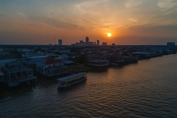 Sunset over New Orleans showcasing waterfront homes and city skyline, Aerial view in New Orleans
