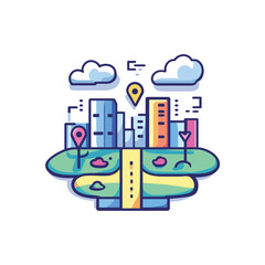 Naklejka premium Modern City Skyline Illustration with Clouds, Grass Fields, Markers, and Roads, Flat Design