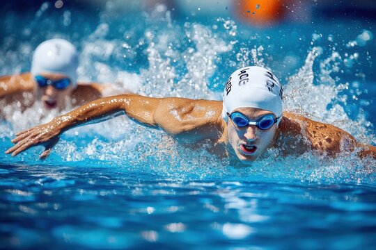 Swimmers in action creating splashes in a competitive pool environment during daytime practice, Two swimmers in pool, mid  stroke, creating splashes
