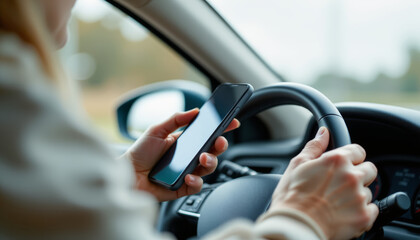Smartphone held by person driving car with one hand on steering wheel, showing distracted driving risk and unsafe behavior