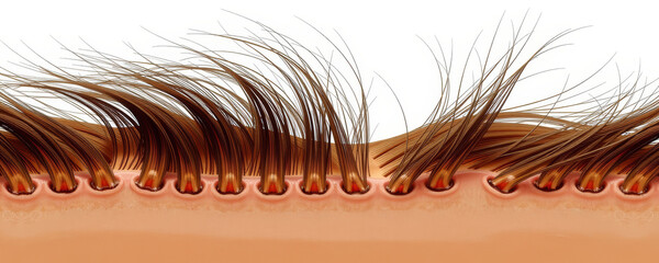 Closeup of split hair strands emerging from scalp showing detailed hair follicle structure and natural brown color with healthy texture