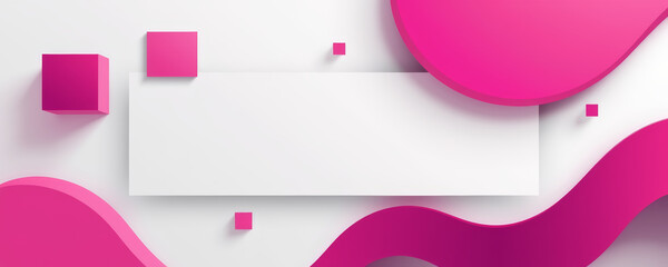 Abstract pink shapes with white rectangular space for text, vibrant corporate style banner design with cubes and fluid forms creating dynamic