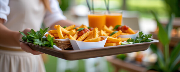 French fries with ketchup served on tray with fresh parsley garnish and two glasses of orange juice, held by person in casual setting