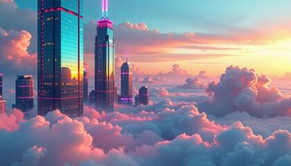 Futuristic skyscraper cityscape with vibrant neon lights glowing above soft clouds at colorful sunset sky