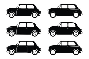 Vintage Car Collection: A collection of stylized black vintage cars in various perspectives, exuding retro charm, perfect for transportation and design.