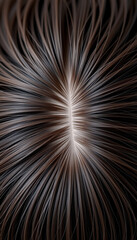 Closeup on symmetrical scalp parting with smooth shiny brown hair strands radiating outward in natural pattern