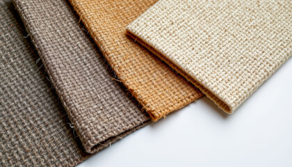 Closeup of eco textile fabric in natural colors showing woven texture and soft fibers, creating warm and rustic feeling