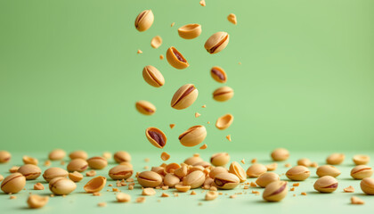 Pistachio nut shells and kernels levitating dynamically with scattered pieces on green background, fresh and natural snack concept