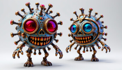 Steampunk virus mascots with large colorful eyes and mechanical limbs, showing detailed teeth and bolts in surreal style