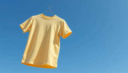 Yellow t shirt hanging on metal hanger against clear blue sky, bright and simple with high key concept and soft shadows
