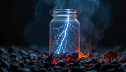 Lightning trapped in transparent jar surrounded by glowing hot charcoal and smoke, creating dramatic and intense atmosphere