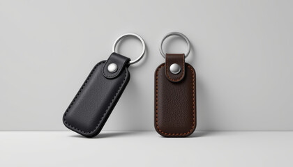 Leather keychain with metal ring in black and brown colors, simple design with stitched edges, elegant and practical accessory for keys