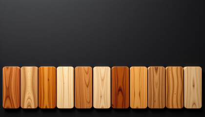 Wooden color palette with various natural wood textures and shades arranged in row on black background, showcasing warm and smooth finishes