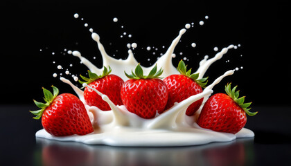 Fresh strawberry splash milk white liquid red fruit healthy natural sweet ripe juicy isolated black background