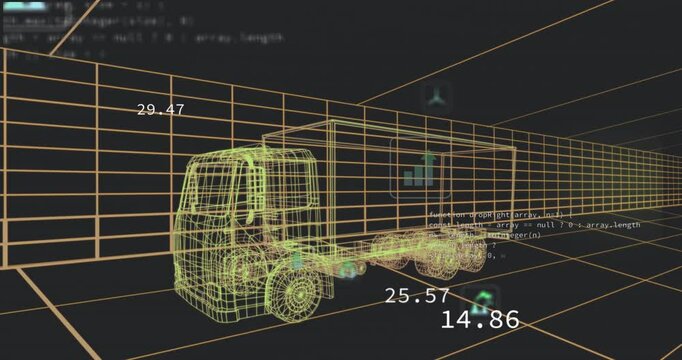 Opening 3D wireframe truck animating green icons, numeric readouts, code snippets showing emissions