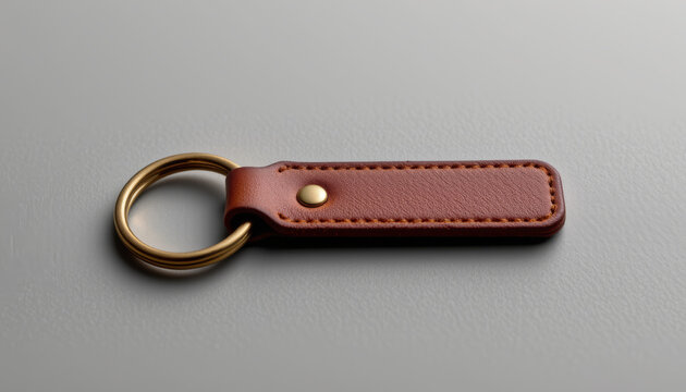 Elegant leather loop keychain with brass ring on gray surface, showcasing fine stitching and smooth texture in warm brown tone