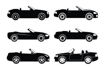 Convertible Car Silhouette Set: Sleek, black convertible car silhouettes showcasing modern design and open-air freedom, set against a simple backdrop.