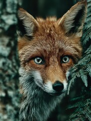 Hyper-realistic telephoto of wild red fox with vivid blue eyes hidden in ancient Slavic forest among ferns, moss, birch trunks, morning light, carved totems, and misty shrines in natural wilderness.