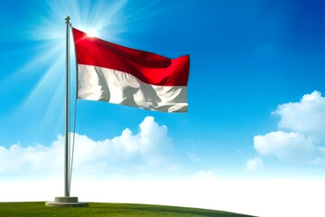 The red and white flag is elegantly displayed on a flagpole against a sunny, blue sky with white clouds, projecting pride, freedom, and tranquility.