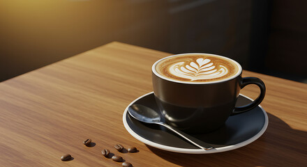 A beautifully crafted latte with artistic foam design sits on a wooden table.