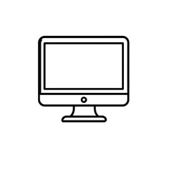 Outline Drawing of Desktop Computer Screen, Base and Power Button on White Background