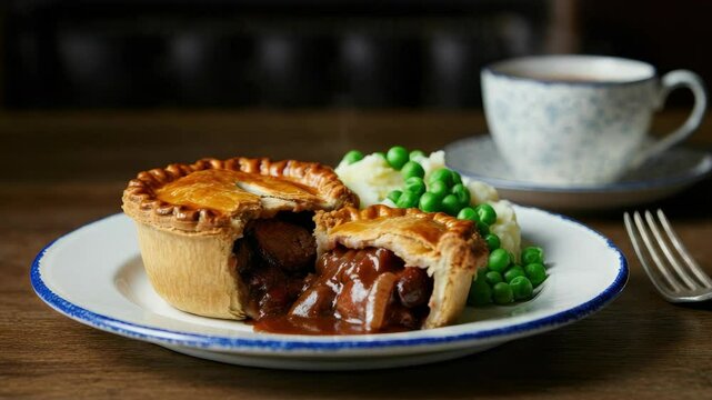 Savory meat pie with mashed potatoes, peas, and tea on wooden table
