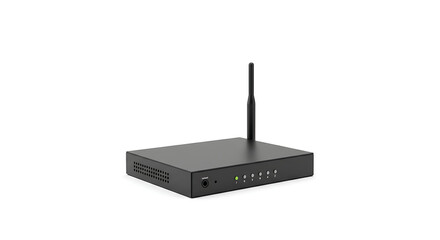 A black wireless router, positioned on a white background, with an antenna extending from the top.