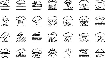 Collection of stylized weather icons featuring rain clouds lightning storms tornadoes waves rainbows and sunny skies with natural elements