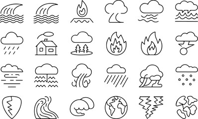 Collection of simple outline icons representing various natural disasters and weather phenomena including waves fire clouds rain snow lightning and earth
