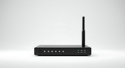 Sleek black wireless router with antenna, isolated on white background.  Modern networking device.