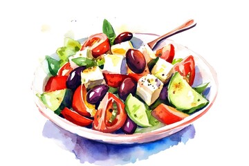 Vibrant watercolor painting of a fresh greek salad with feta and olives