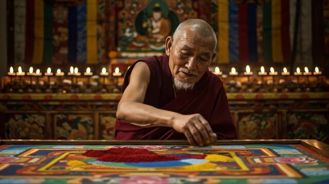Tibetan Monk Creates Sand Mandala Art with Candles in Temple Setting